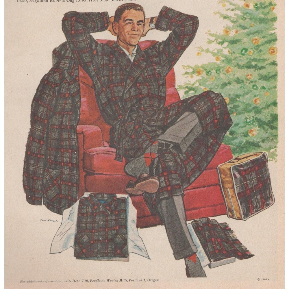 Vintage 1961 Pendleton Woolens Christmas Mid Century Fashion Pajamas Print Ad